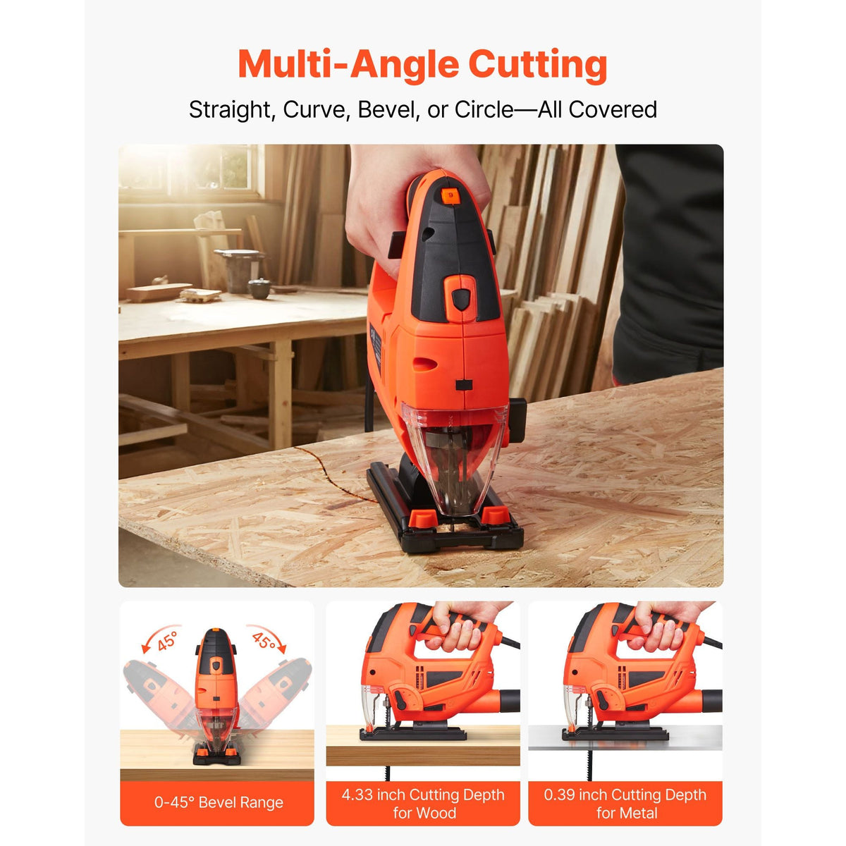 Jig Saw, 6.5 Amp, 3000 SPM Blade Speed, Electric Jigsaw with 6 pcs Blades, LED Light, 6 Variable Speed, 0- 45° Bevel Cuts, 4 Orbital Settings for Straight/Circle Cutting, for Wood and Metal