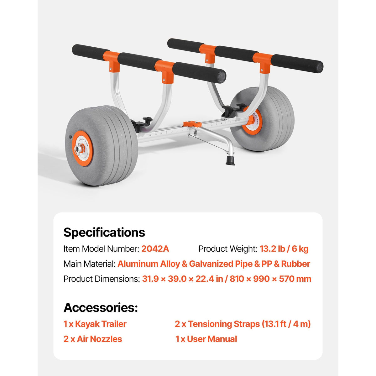 Kayak Cart, 350 lbs Load Capacity, Kayak Trolley with 12-inch Inflatable PU Tires & 2 Straps, Assembles & Disassembles Within Seconds, Paddle Board Trolley for Carrying Kayaks and Canoes
