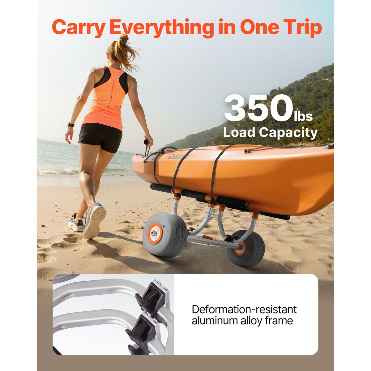 Kayak Cart, 350 lbs Load Capacity, Kayak Trolley with 12-inch Inflatable PU Tires & 2 Straps, Assembles & Disassembles Within Seconds, Paddle Board Trolley for Carrying Kayaks and Canoes