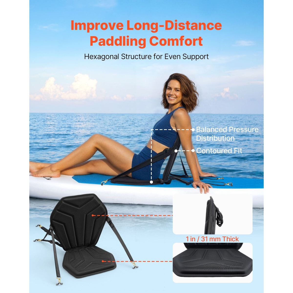 Kayak Seat, 1 Pack 1" Thick, Universal Paddle Board Seat with Back Support, Hexagonal Sit-on-Top Soft Padded Cushion with Storage Bag & Adjustable Straps for SUP, Fishing Boat, Inflatable Kayak