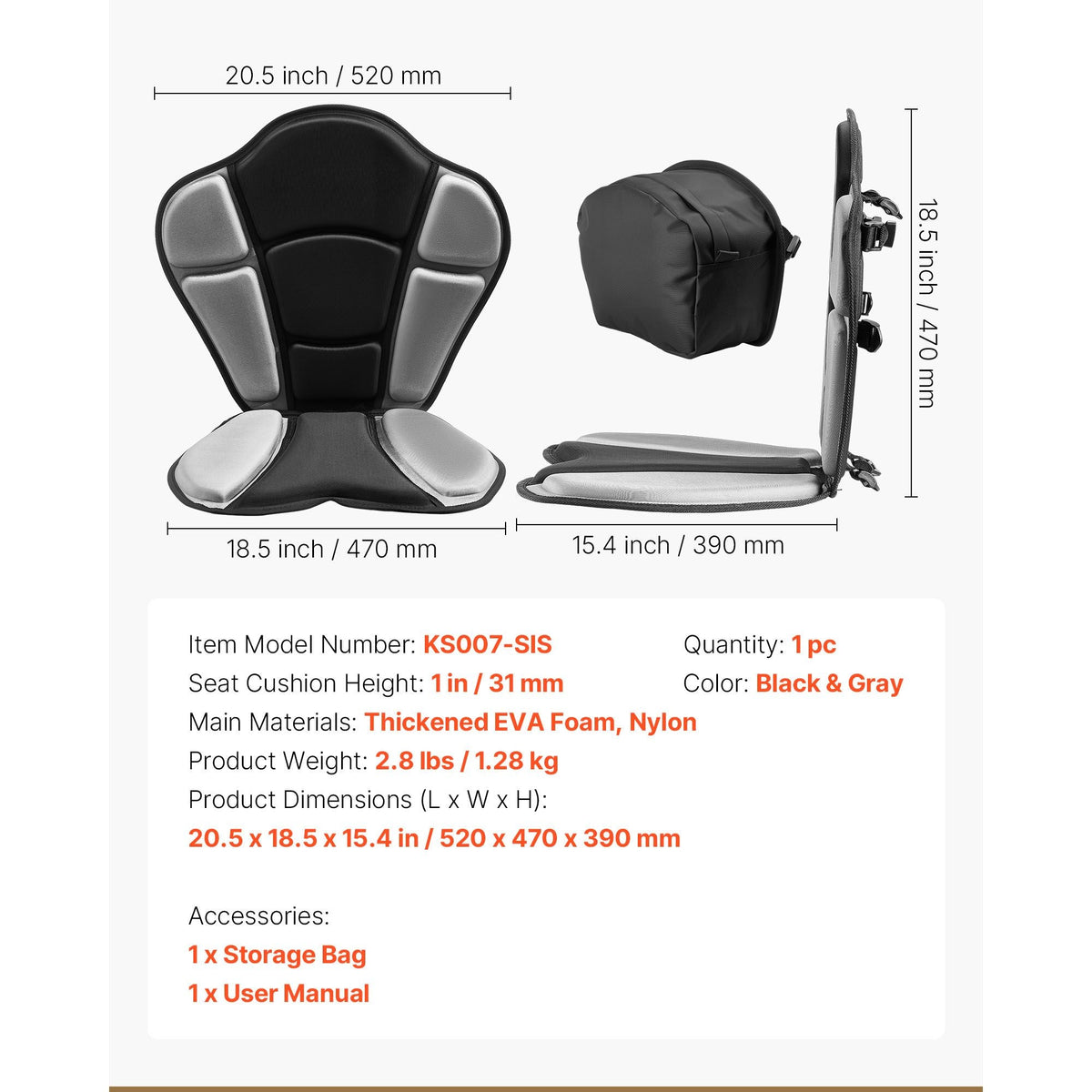 Kayak Seat, 1 Pack 1" Thick, Universal Paddle Board Seat with Back Support, Sit-on-Top Soft Padded Cushion with Storage Bag & Adjustable Straps for SUP, Fishing Boat, Inflatable Kayak, Rowboat