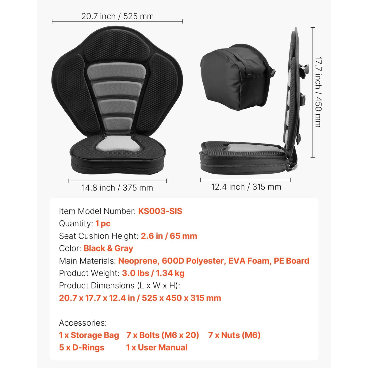 Kayak Seat, 1 Pack 2.6" Thick, Universal Paddle Board Seat with Back Support, Sit-on-Top Soft Padded Cushion with Storage Bag & Adjustable Straps for SUP, Canoe, Fishing Boat, Inflatable Kayak
