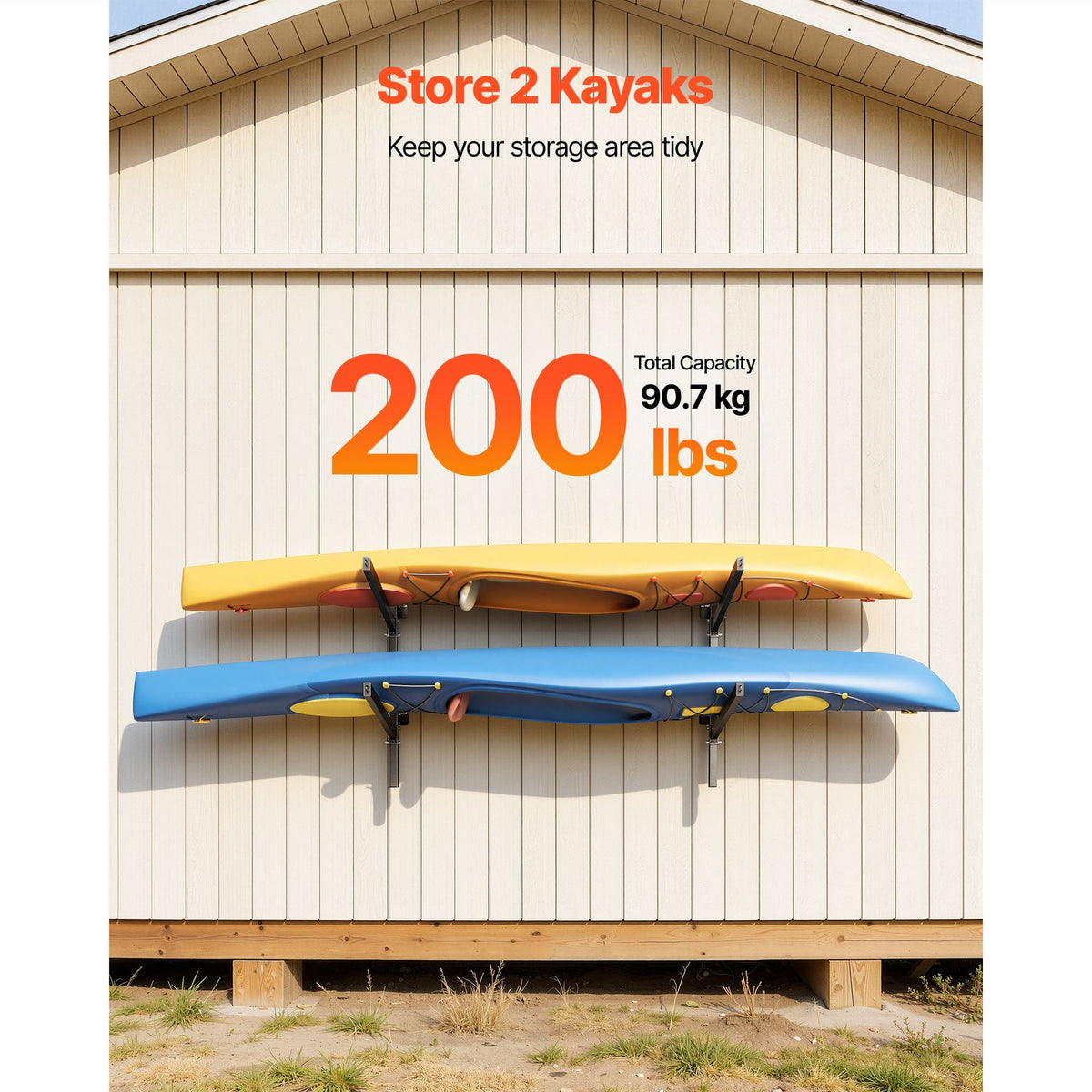 Kayak Storage Rack for 2 Kayaks, Holds 200 lbs, Heavy Duty Adjustable Wall Mount Stand for Indoor Outdoor Garage Shed Dock, Storage Holder for Canoe, Small Boat, SUP, Surfboard & Paddleboard