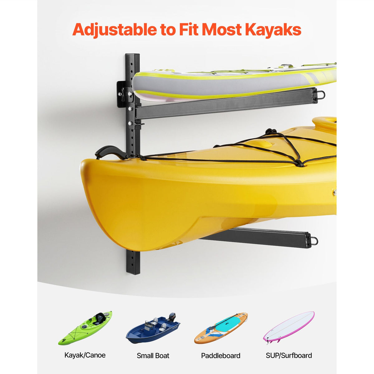 Kayak Storage Rack for 2 Kayaks, Holds 200 lbs, Heavy Duty Adjustable Wall Mount Stand for Indoor Outdoor Garage Shed Dock, Storage Holder for Canoe, Small Boat, SUP, Surfboard & Paddleboard