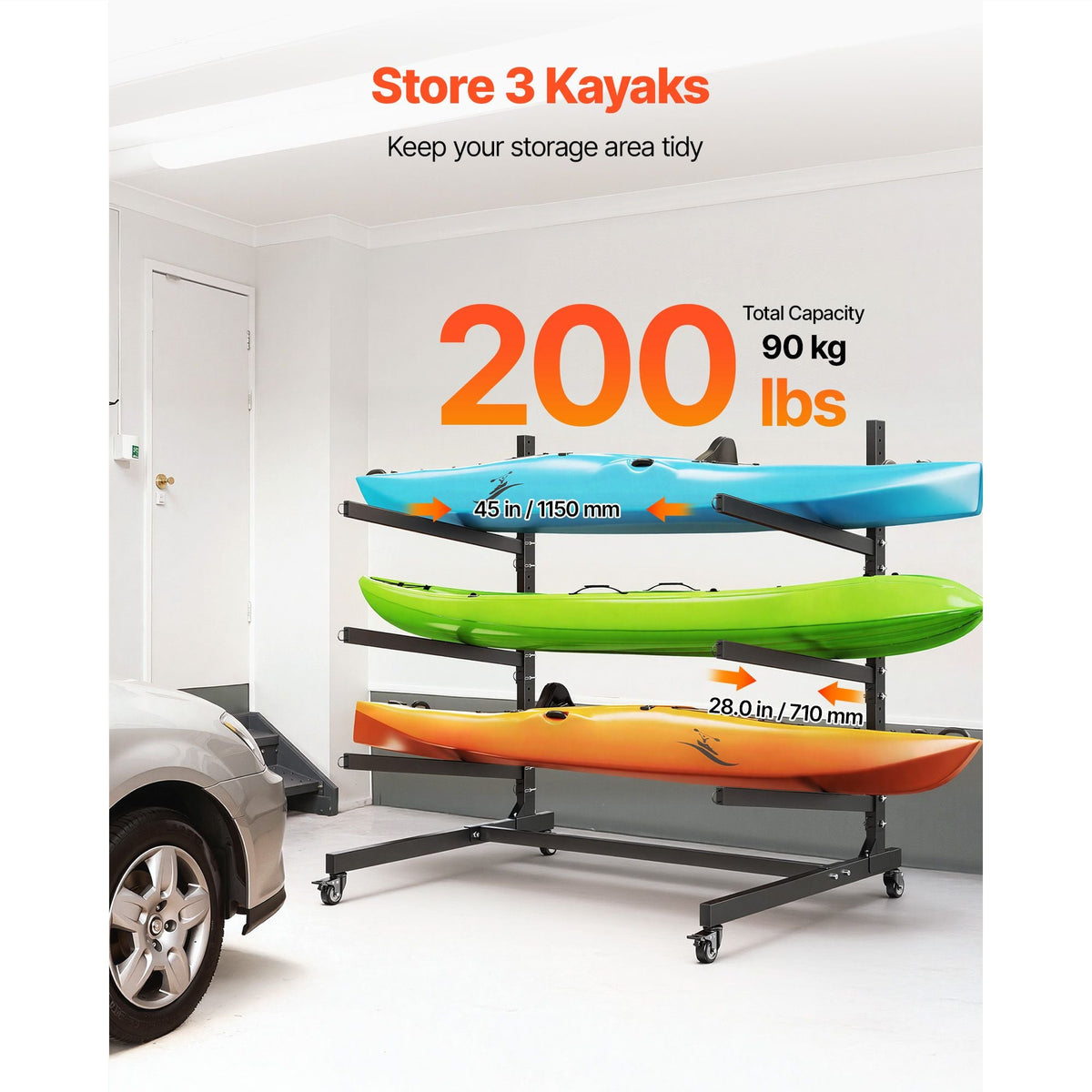 Kayak Storage Rack for 3 Kayaks, Holds 200 lbs, Heavy Duty Adjustable Freestanding Stand with Lockable Wheels for Indoor Outdoor Garage Shed Dock, Holder for Canoe, SUP, Surfboard & Paddleboard