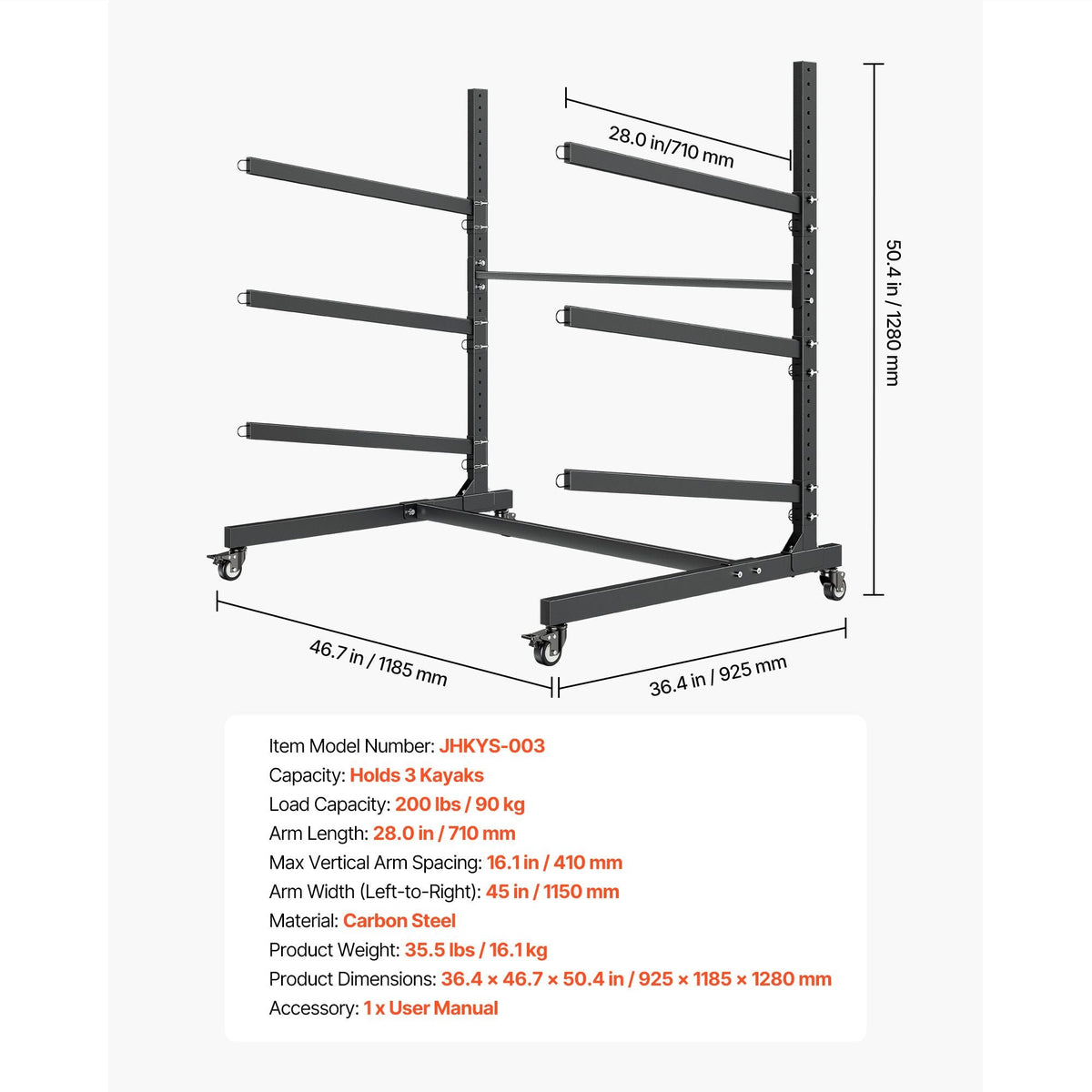 Kayak Storage Rack for 3 Kayaks, Holds 200 lbs, Heavy Duty Adjustable Freestanding Stand with Lockable Wheels for Indoor Outdoor Garage Shed Dock, Holder for Canoe, SUP, Surfboard & Paddleboard