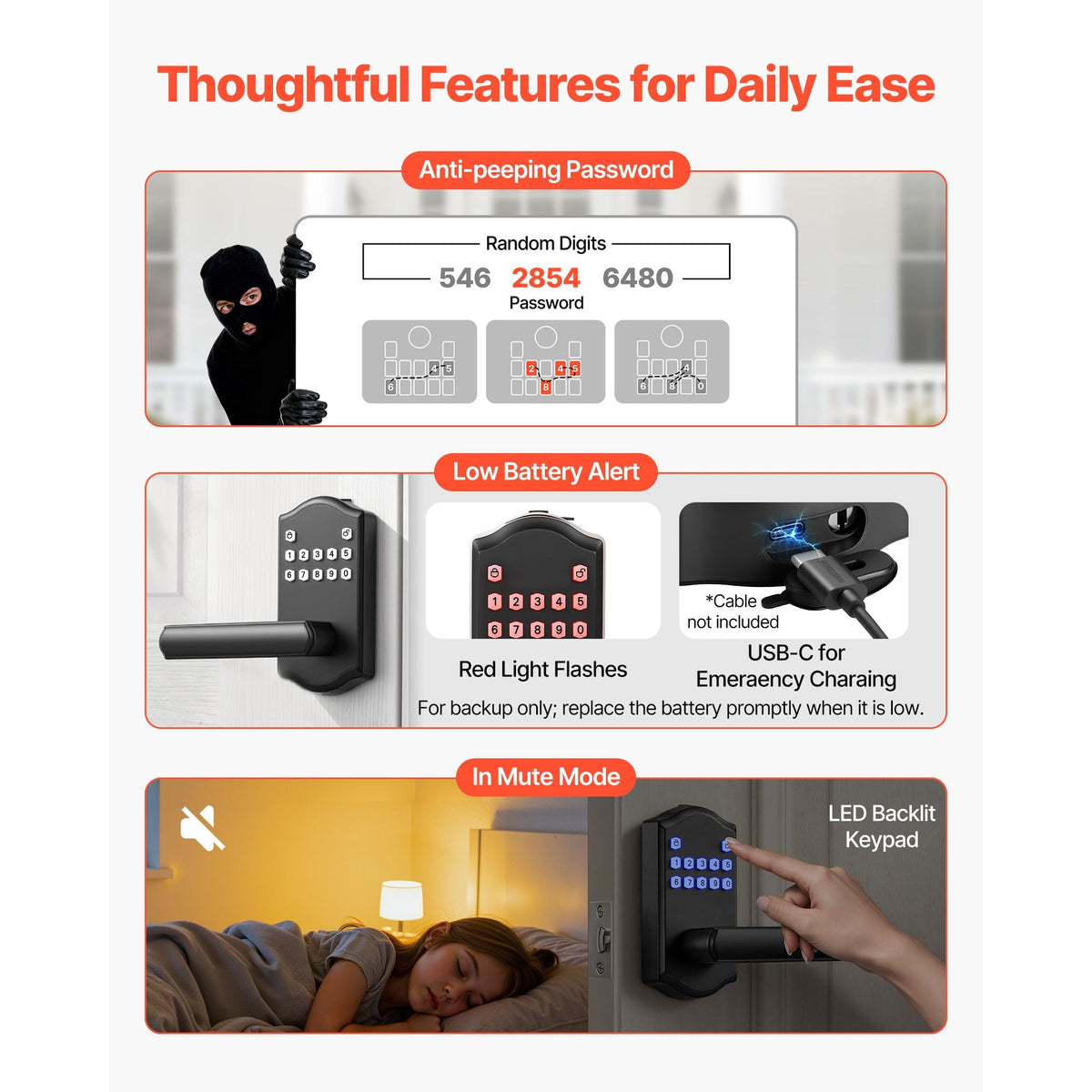 Keyless Entry Door Lock with Handle, Electronic Lever Door Handle with Keypad, Customizable User Codes, Keyed Entry, Auto Lock, Anti-Peeking Password, Backlit Keypad, for Home, Matte Black