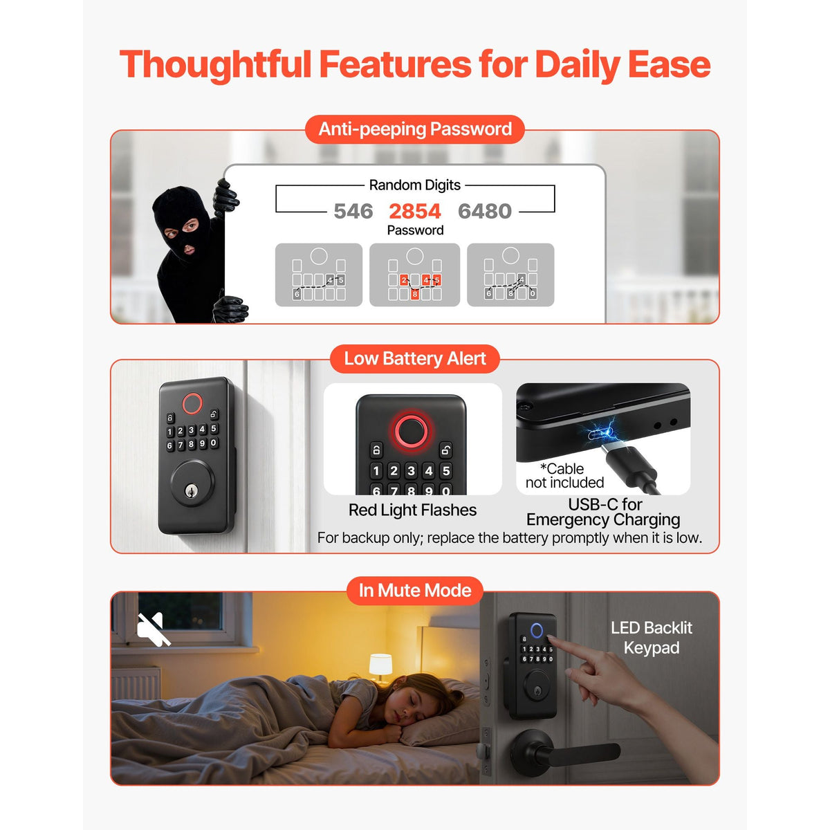 Keyless Entry Door Lock with Handle Set, Electronic Keypad Deadbolt with Lever Handles, Pioneering Easy-Grip Design, Customizable User Codes, Keyed Entry, Auto Lock, Anti-Peeking, Matte Black