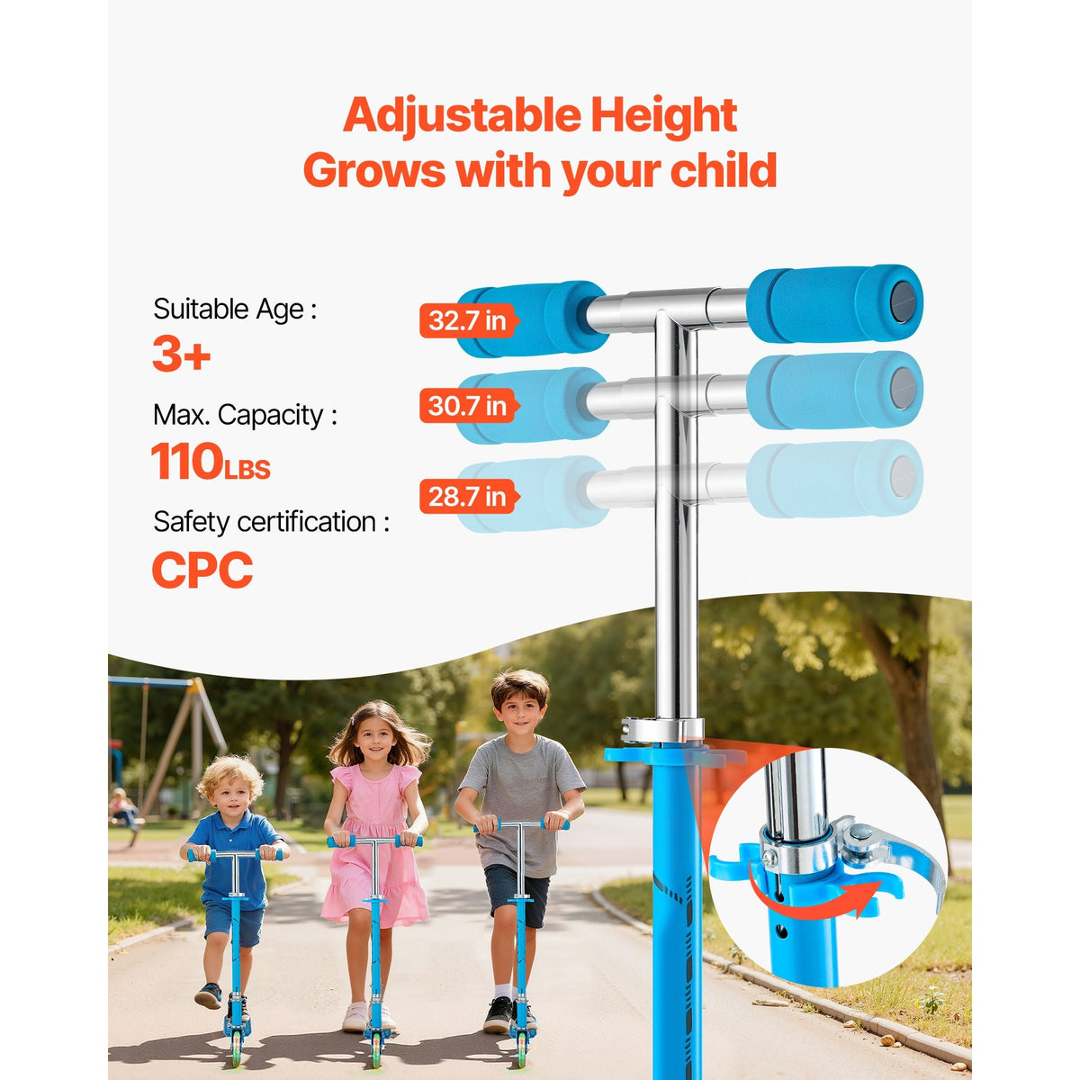 Kick Scooter for Kids Ages 3+, 2-Wheel Toddler Scooter with Light-Up Wheels, Adjustable Height Handlebar, Wide Anti-Slip Deck, Foldable Lightweight Frame for Boys & Girls up to 110 lbs, Blue