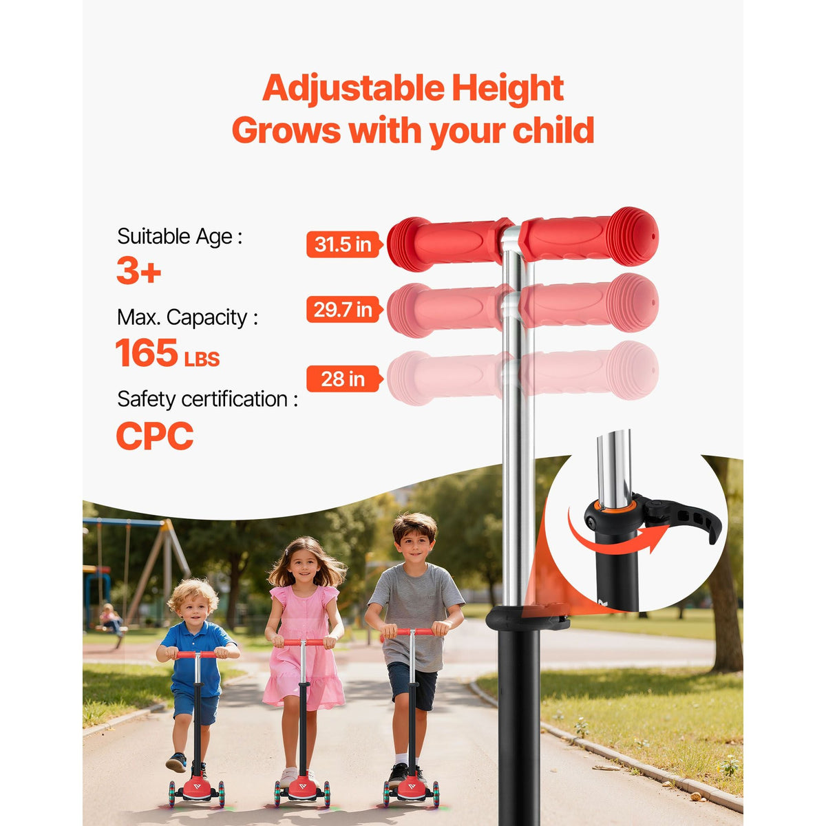 Kick Scooter for Kids Ages 3+, 3-Wheel Toddler Scooter with Light-Up Wheels, Adjustable Height Handlebar, Wide Anti-Slip Deck, Lightweight Aluminum Frame for Boys & Girls up to 165 lbs, Red