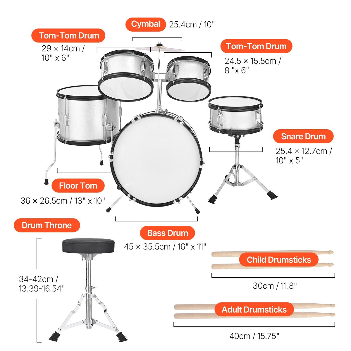 Kids Drum Set, 5-Piece 16 in Junior Drum Sets, Beginner Drums Set with Adjustable Throne, Cymbal & Two Pairs of Drumsticks, Musical Learning Drums Instrument Kit, for Children Ages 6-13(Silver)