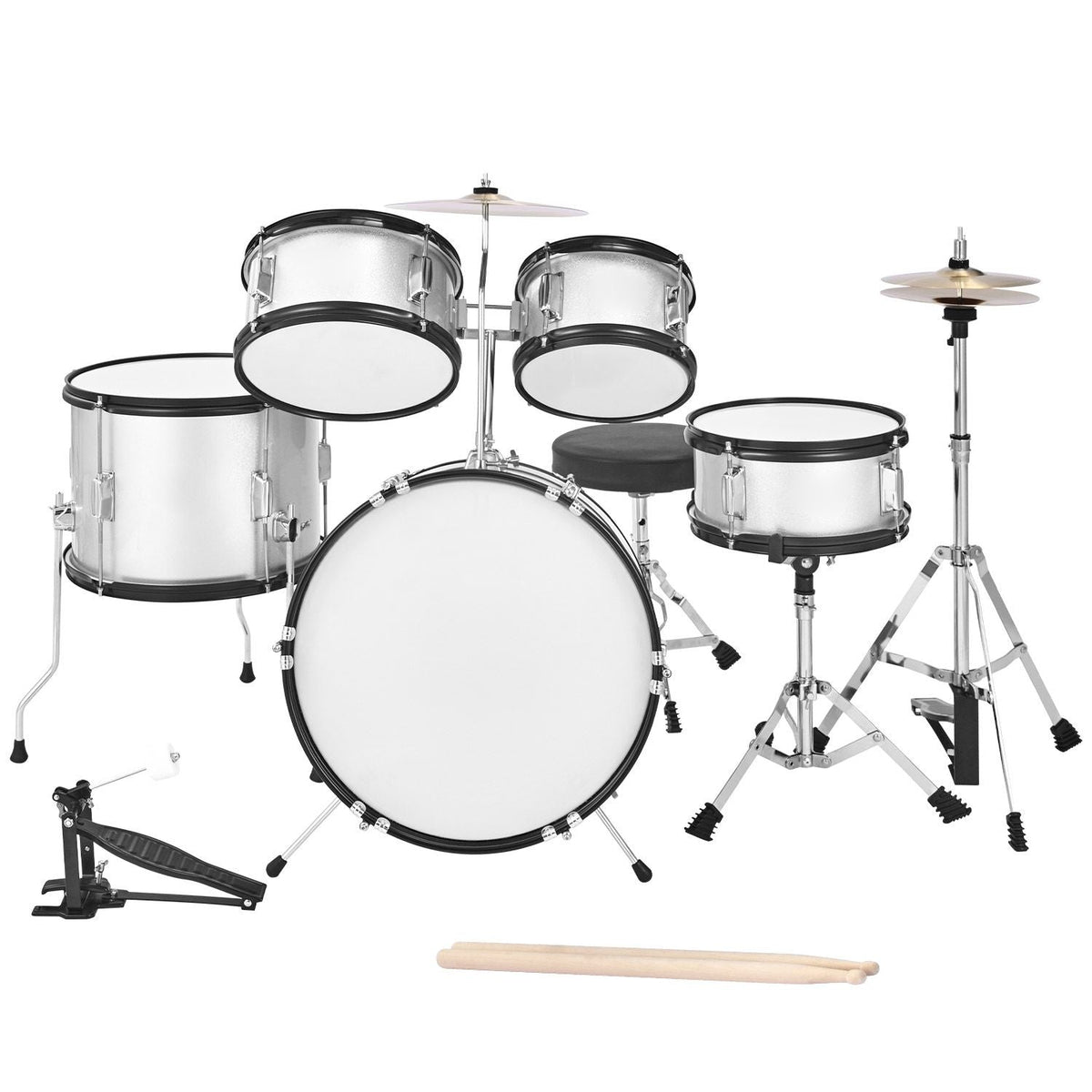 Kids Drum Set, 5-Piece 16 in Junior Drum Sets, Beginner Drums Set with Adjustable Throne, Cymbal & Two Pairs of Drumsticks, Musical Learning Drums Instrument Kit, for Children Ages 6-13(Silver)