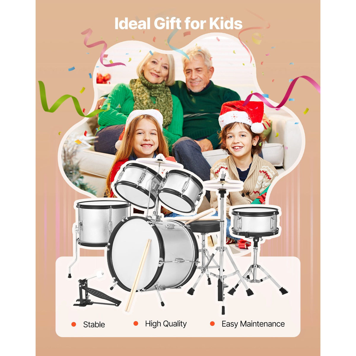 Kids Drum Set, 5-Piece 16 in Junior Drum Sets, Beginner Drums Set with Adjustable Throne, Cymbal & Two Pairs of Drumsticks, Musical Learning Drums Instrument Kit, for Children Ages 6-13(Silver)