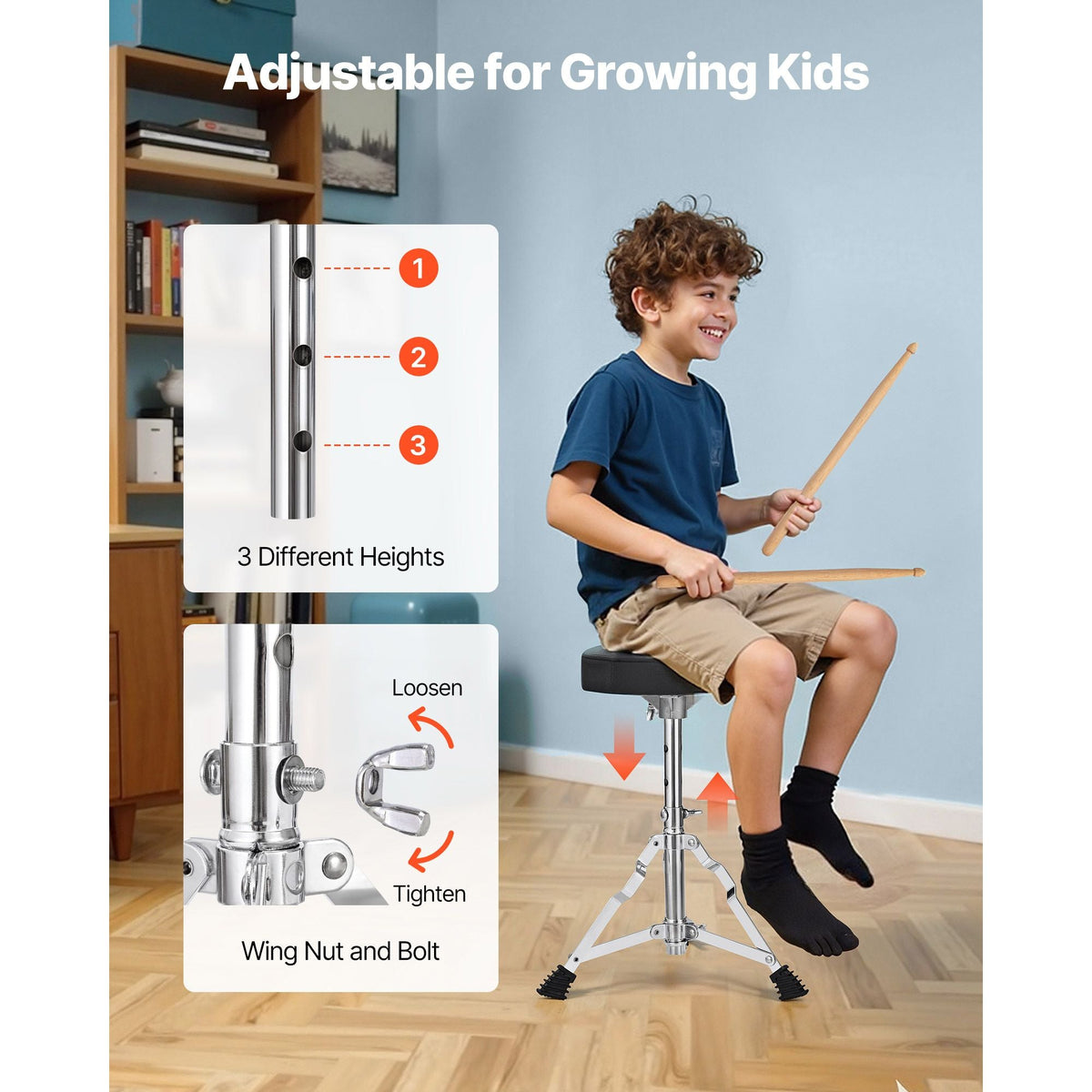 Kids Drum Set, 5-Piece 16 in Junior Drum Sets, Beginner Drums Set with Adjustable Throne, Cymbal & Two Pairs of Drumsticks, Musical Learning Drums Instrument Kit, for Children Ages 6-13(Silver)