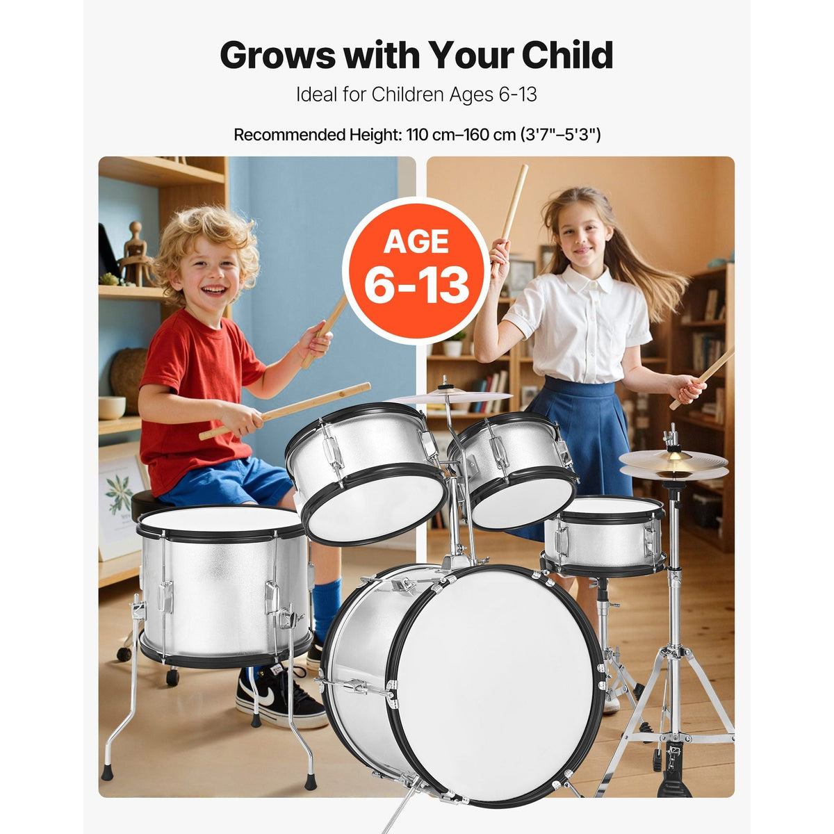 Kids Drum Set, 5-Piece 16 in Junior Drum Sets, Beginner Drums Set with Adjustable Throne, Cymbal & Two Pairs of Drumsticks, Musical Learning Drums Instrument Kit, for Children Ages 6-13(Silver)