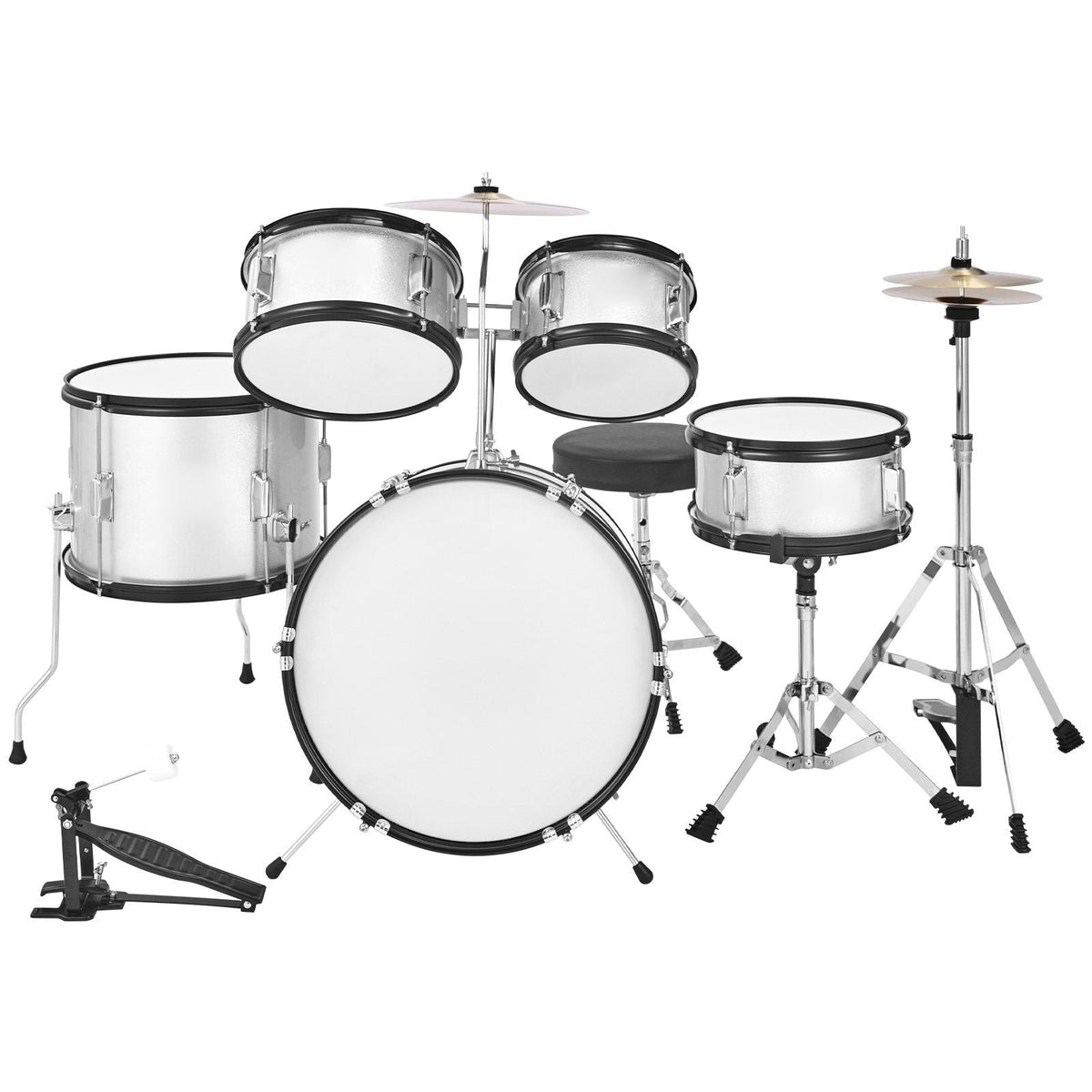 Kids Drum Set, 5-Piece 16 in Junior Drum Sets, Beginner Drums Set with Adjustable Throne, Cymbal & Two Pairs of Drumsticks, Musical Learning Drums Instrument Kit, for Children Ages 6-13(Silver)