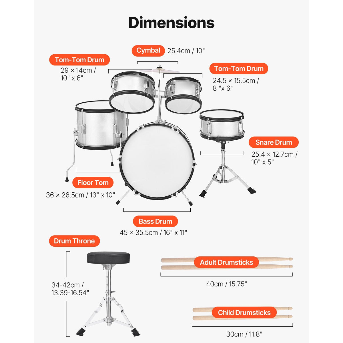 Kids Drum Set, 5-Piece 16 in Junior Drum Sets, Beginner Drums Set with Adjustable Throne, Cymbal & Two Pairs of Drumsticks, Musical Learning Drums Instrument Kit, for Children Ages 6-13(Silver)