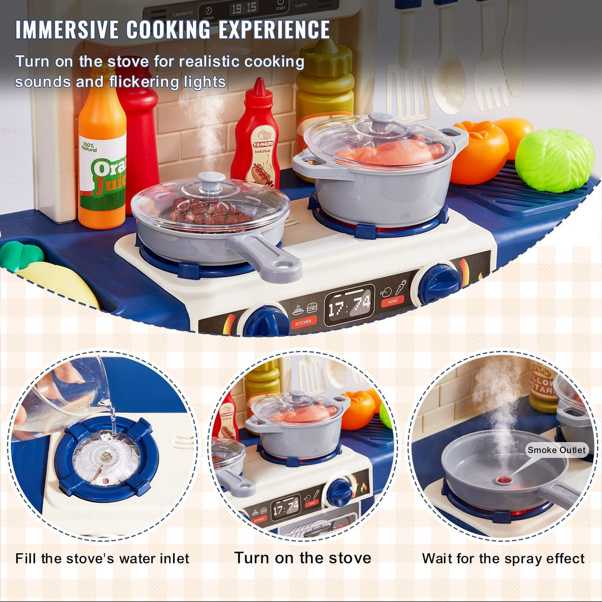 Kids Kitchen Playset, Toddler Kitchen with Cooking Stove with Steam, Sounds and Lights, Play Kitchen Set with 48 PCS Cooking Accessory Set for Toddlers, Preschoolers, Children Ages 3-5, Blue