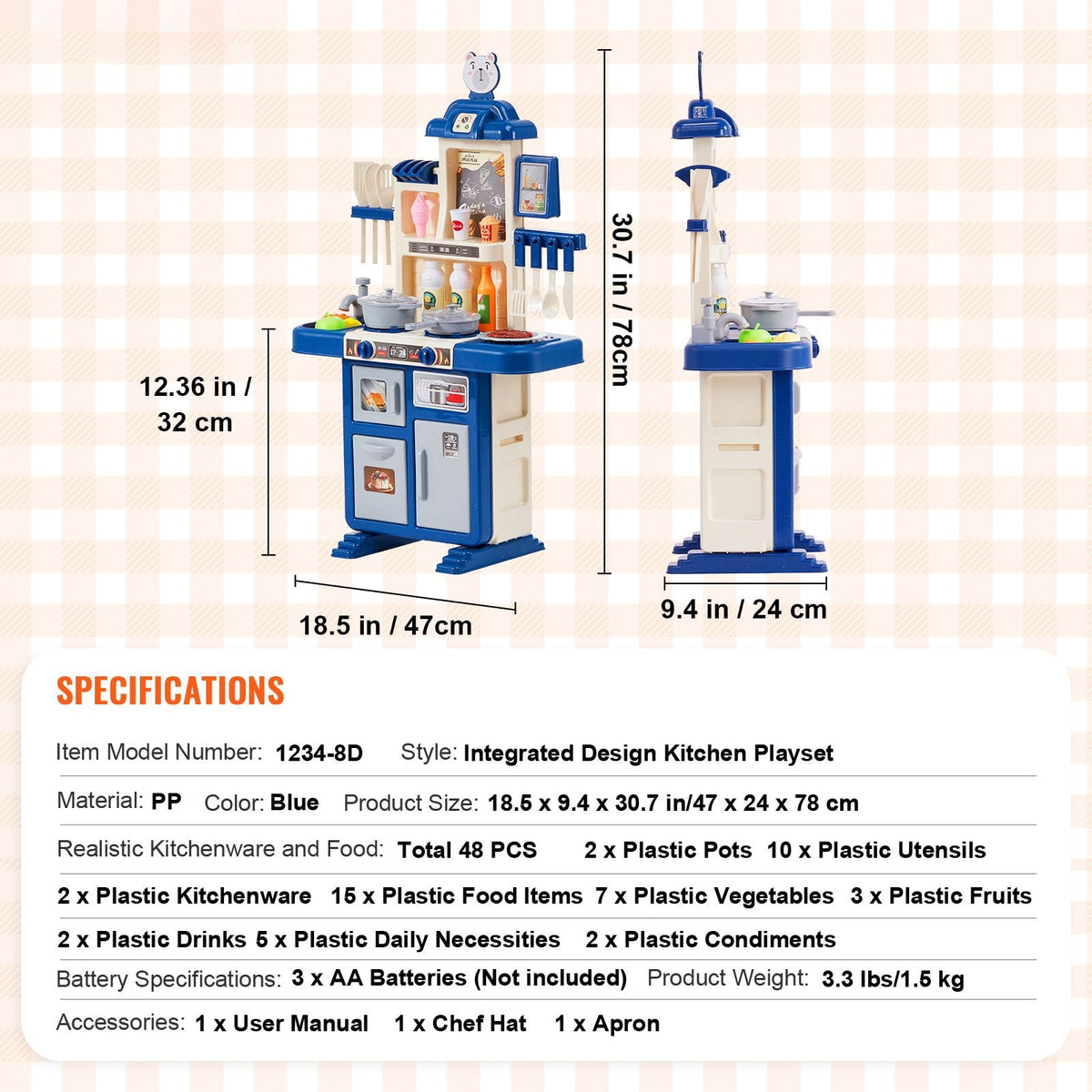 Kids Kitchen Playset, Toddler Kitchen with Cooking Stove with Steam, Sounds and Lights, Play Kitchen Set with 48 PCS Cooking Accessory Set for Toddlers, Preschoolers, Children Ages 3-5, Blue