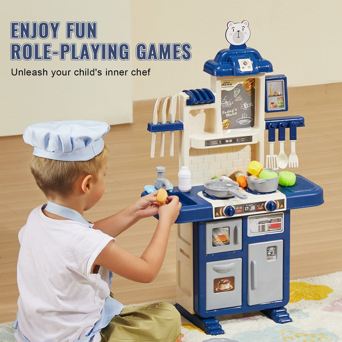Kids Kitchen Playset, Toddler Kitchen with Cooking Stove with Steam, Sounds and Lights, Play Kitchen Set with 48 PCS Cooking Accessory Set for Toddlers, Preschoolers, Children Ages 3-5, Blue