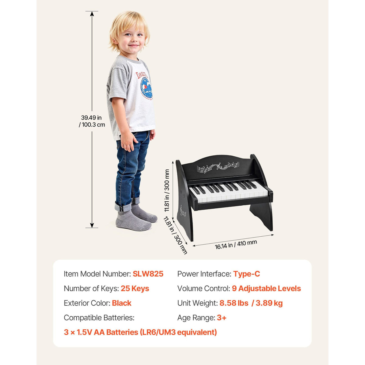 Kids Piano Keyboard, 25 Keys Wooden Digital Piano for Kids, Mini Music Educational Instrument Toy with Realistic Sound, Dual Power, Adjustable Volume for Toddlers, Boys Girls Learning, Black