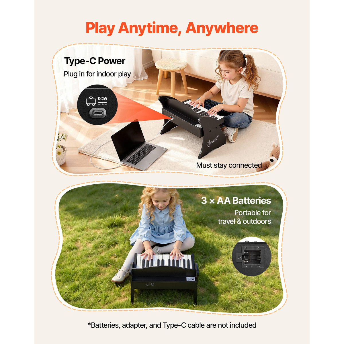Kids Piano Keyboard, 25 Keys Wooden Digital Piano for Kids, Mini Music Educational Instrument Toy with Realistic Sound, Dual Power, Adjustable Volume for Toddlers, Boys Girls Learning, Black