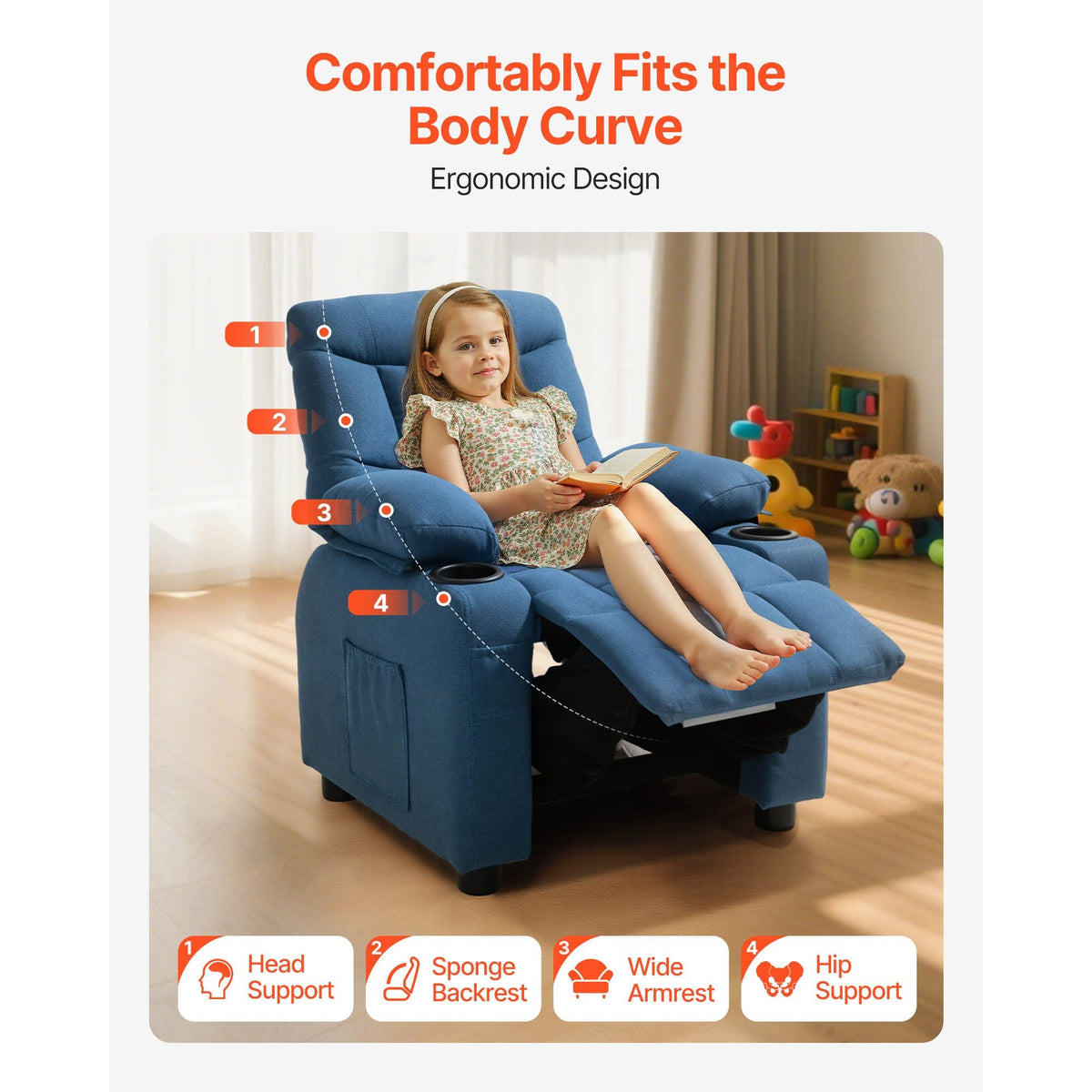 Kids Recliner Chair, Toddler Lounger with Cup Holders & Pockets, 107° to 126° Adjustable Back, Breathable Polyester Upholstery Reclining Sofa with Foot-rest, for Boys and Girls, Children (Blue)