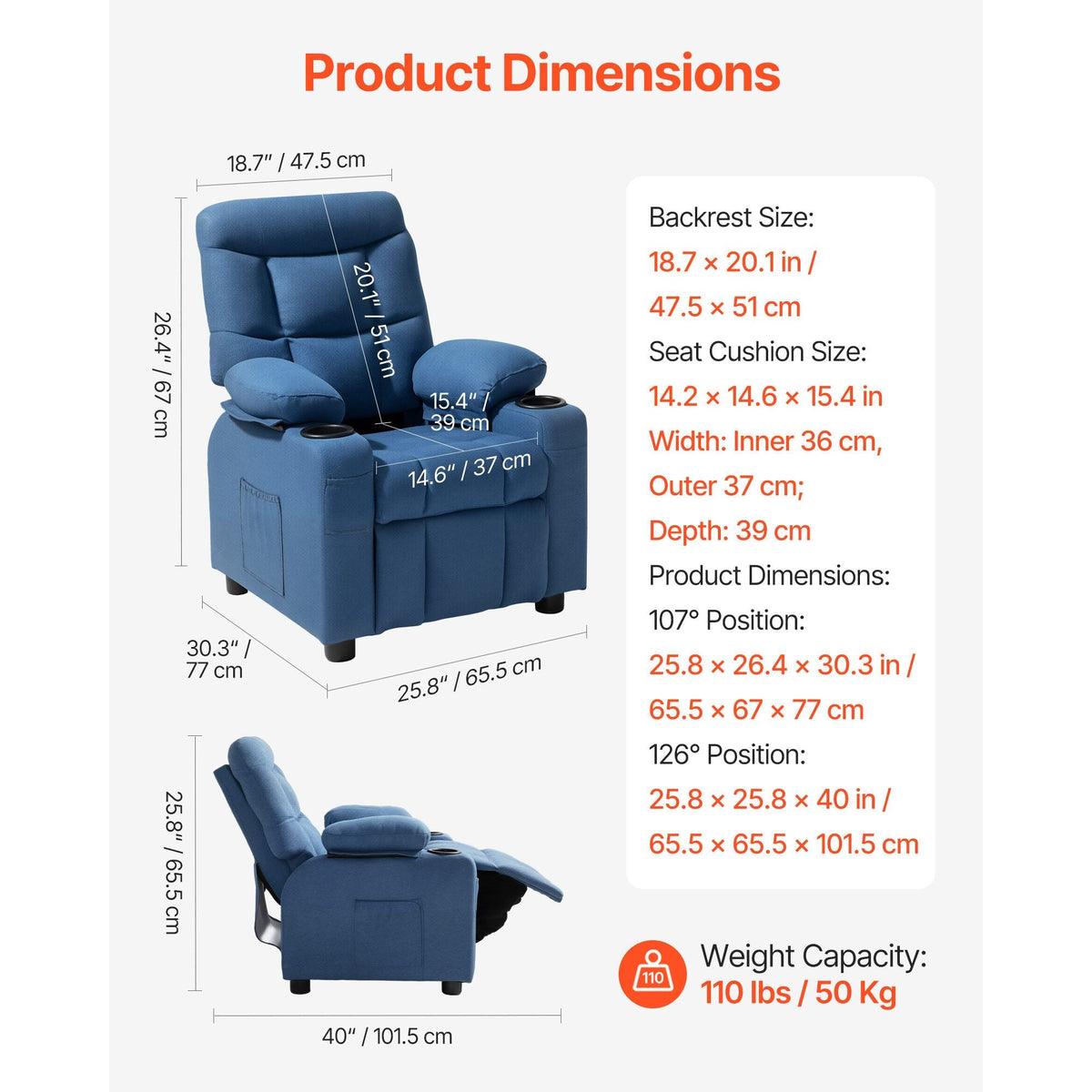 Kids Recliner Chair, Toddler Lounger with Cup Holders & Pockets, 107° to 126° Adjustable Back, Breathable Polyester Upholstery Reclining Sofa with Foot-rest, for Boys and Girls, Children (Blue)