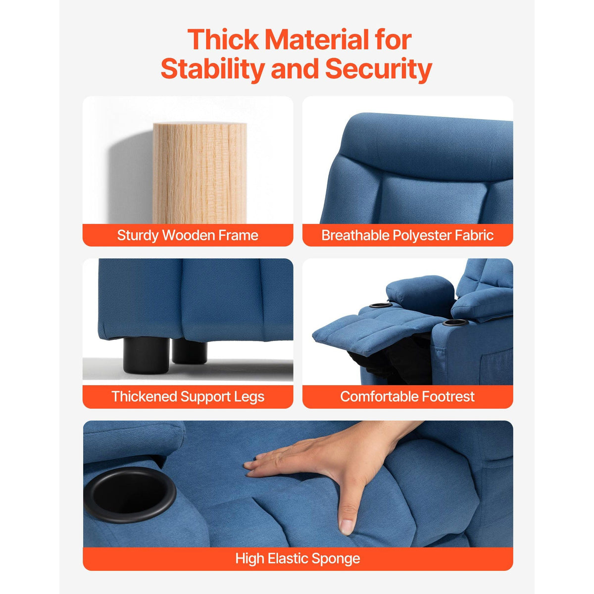 Kids Recliner Chair, Toddler Lounger with Cup Holders & Pockets, 107° to 126° Adjustable Back, Breathable Polyester Upholstery Reclining Sofa with Foot-rest, for Boys and Girls, Children (Blue)