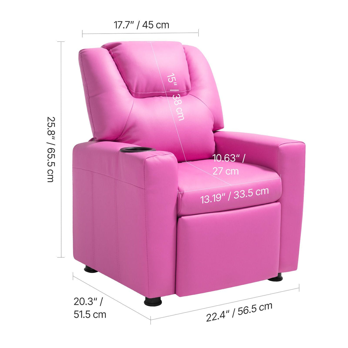 Kids Reclining Chair, Toddler Recliner with Cup Holder, 101° to 121° Adjustable Backrest, Easy-to-Clean PU Leather Recliner Couch with Footrest, 90 lbs Load, for Boys & Girls, Children (Pink)