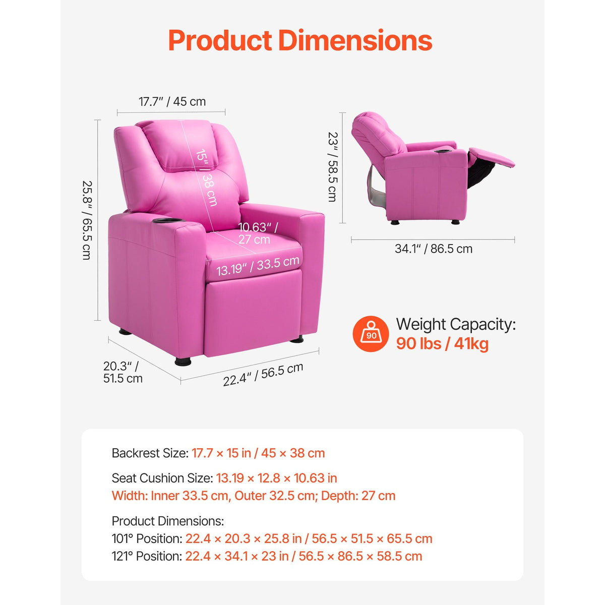 Kids Reclining Chair, Toddler Recliner with Cup Holder, 101° to 121° Adjustable Backrest, Easy-to-Clean PU Leather Recliner Couch with Footrest, 90 lbs Load, for Boys & Girls, Children (Pink)