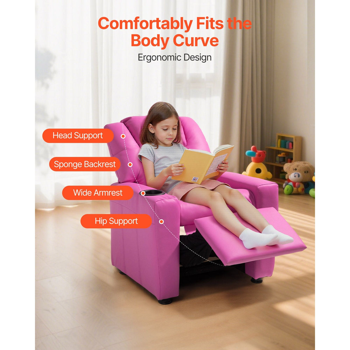Kids Reclining Chair, Toddler Recliner with Cup Holder, 101° to 121° Adjustable Backrest, Easy-to-Clean PU Leather Recliner Couch with Footrest, 90 lbs Load, for Boys & Girls, Children (Pink)