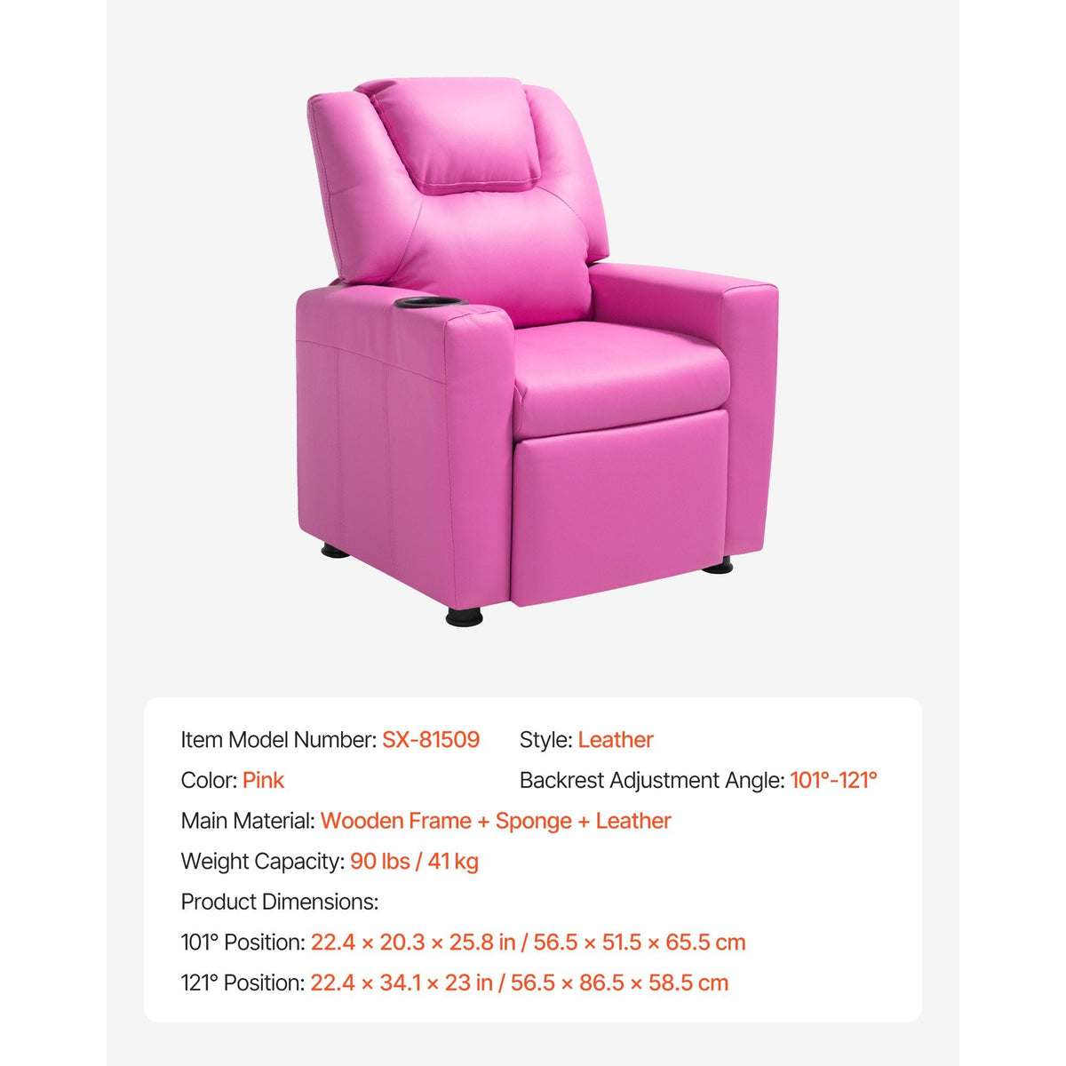 Kids Reclining Chair, Toddler Recliner with Cup Holder, 101° to 121° Adjustable Backrest, Easy-to-Clean PU Leather Recliner Couch with Footrest, 90 lbs Load, for Boys & Girls, Children (Pink)