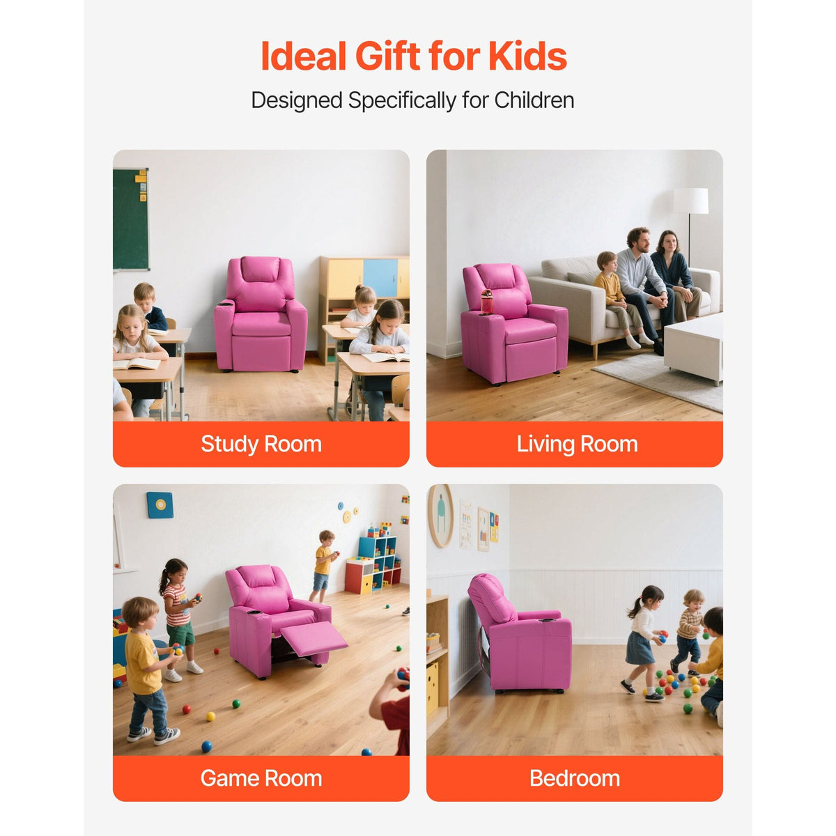 Kids Reclining Chair, Toddler Recliner with Cup Holder, 101° to 121° Adjustable Backrest, Easy-to-Clean PU Leather Recliner Couch with Footrest, 90 lbs Load, for Boys & Girls, Children (Pink)