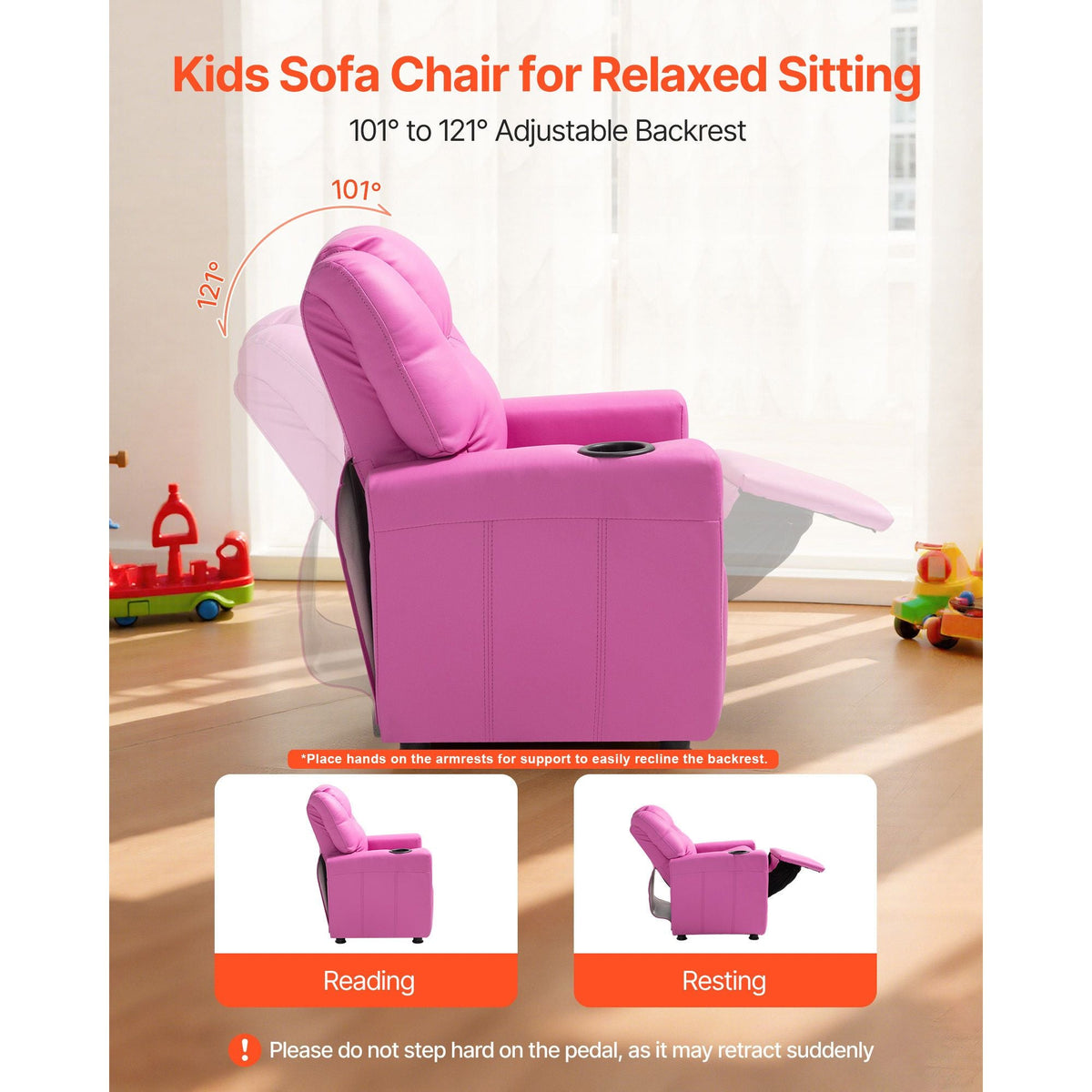 Kids Reclining Chair, Toddler Recliner with Cup Holder, 101° to 121° Adjustable Backrest, Easy-to-Clean PU Leather Recliner Couch with Footrest, 90 lbs Load, for Boys & Girls, Children (Pink)