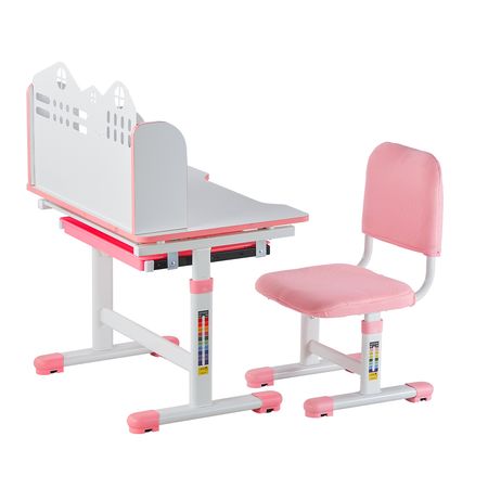 Kids Study Chair and Desk Set, Study Desk and Chair for Kids with Bookshelf and Storage Drawer, Adjustable Height Kids Study Desk with Chair, Children Study Table for Bedroom & Study Room, Pink