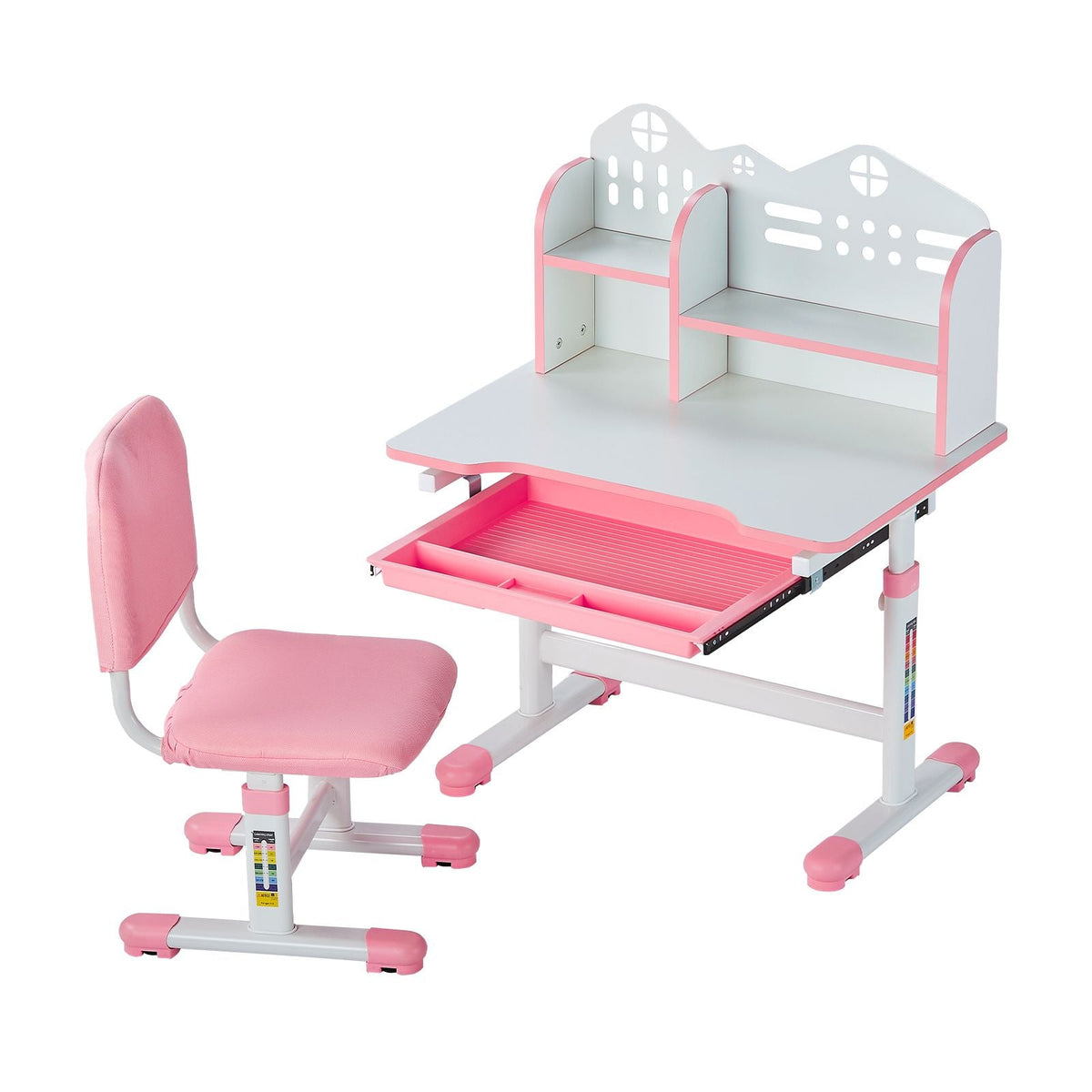 Kids Study Chair and Desk Set, Study Desk and Chair for Kids with Bookshelf and Storage Drawer, Adjustable Height Kids Study Desk with Chair, Children Study Table for Bedroom & Study Room, Pink