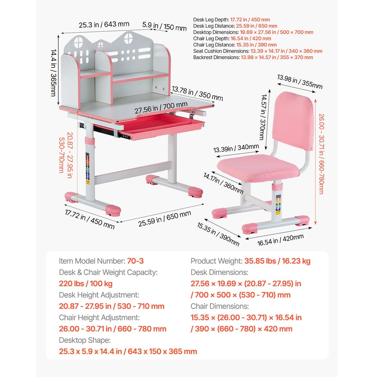 Kids Study Chair and Desk Set, Study Desk and Chair for Kids with Bookshelf and Storage Drawer, Adjustable Height Kids Study Desk with Chair, Children Study Table for Bedroom & Study Room, Pink