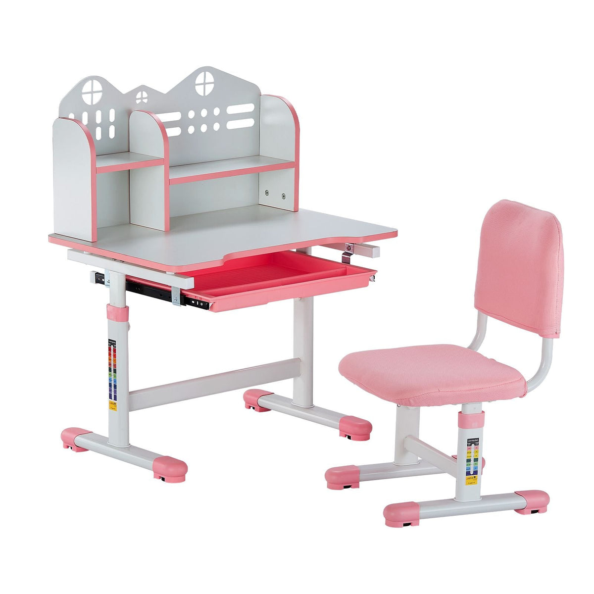 Kids Study Chair and Desk Set, Study Desk and Chair for Kids with Bookshelf and Storage Drawer, Adjustable Height Kids Study Desk with Chair, Children Study Table for Bedroom & Study Room, Pink