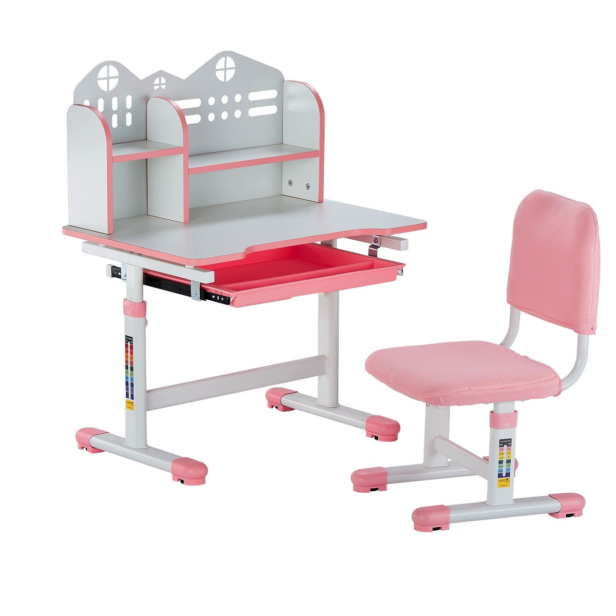 Kids Study Chair and Desk Set, Study Desk and Chair for Kids with Bookshelf and Storage Drawer, Adjustable Height Kids Study Desk with Chair, Children Study Table for Bedroom & Study Room, Pink