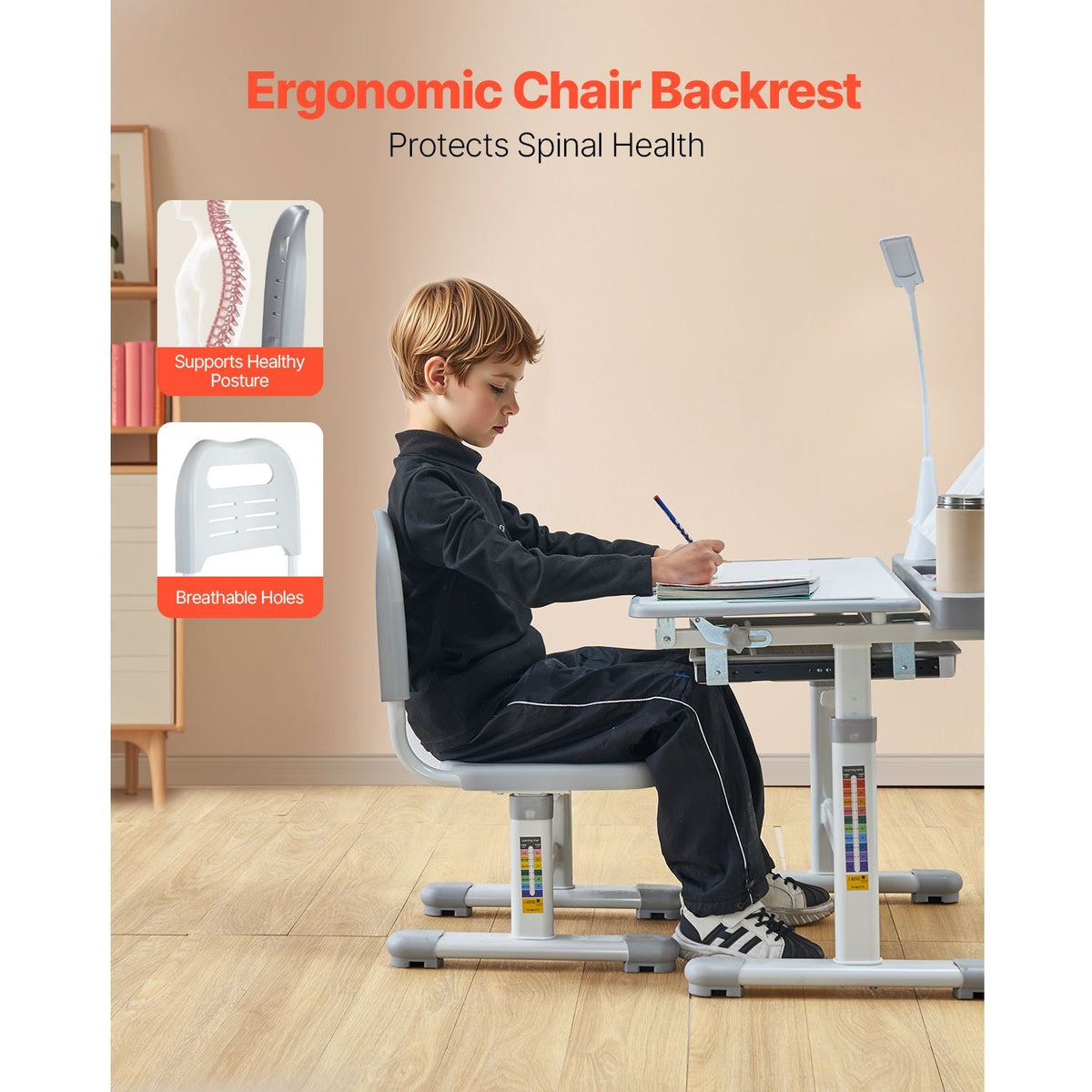 Kids Study Chair and Desk Set, Study Desk and Chair for Kids with Table Lamp, Adjustable Height & 0-40° Tilted Desktop Kids Desk and Chair, Children Study Table for Bedroom & Study Room, Grey