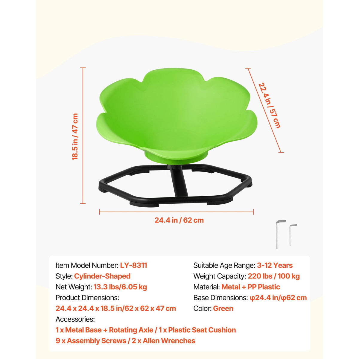 Kids Swivel Chair, 220 lbs Capacity, Cylinder Shape Sensory Spinning Chair, Autistic Kids Sensory Toy Seat with Non-Slip Metal Base, Toddler Sit & Spin Seat for Coordination Balance Focus, Green