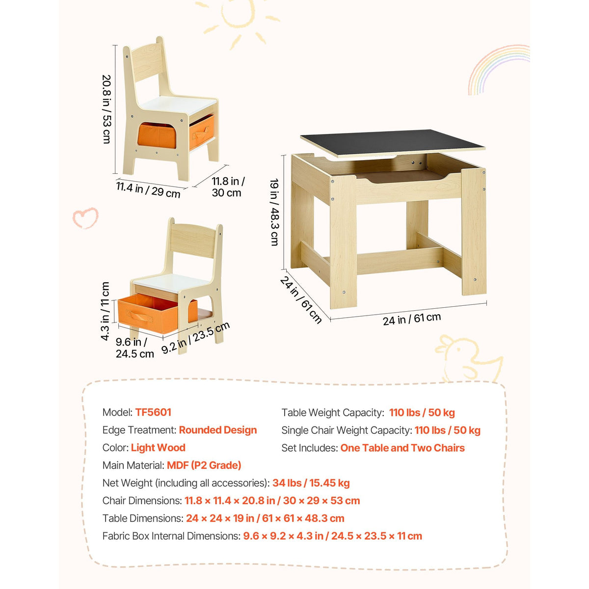 Kids Table and 2 Chairs Set, Toddler Table and Chair Set with Storage Space under the Table, Cloth Storage Box under the Chairs, Wooden Desk for Art, Craft, Reading, Learning, Drawing, Burlywood