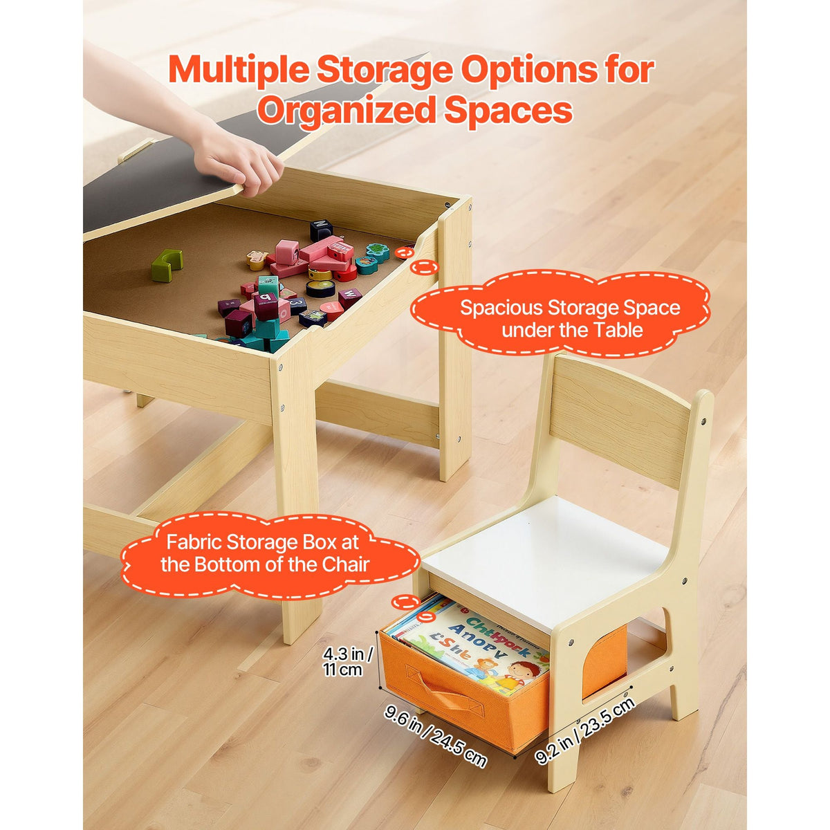 Kids Table and 2 Chairs Set, Toddler Table and Chair Set with Storage Space under the Table, Cloth Storage Box under the Chairs, Wooden Desk for Art, Craft, Reading, Learning, Drawing, Burlywood