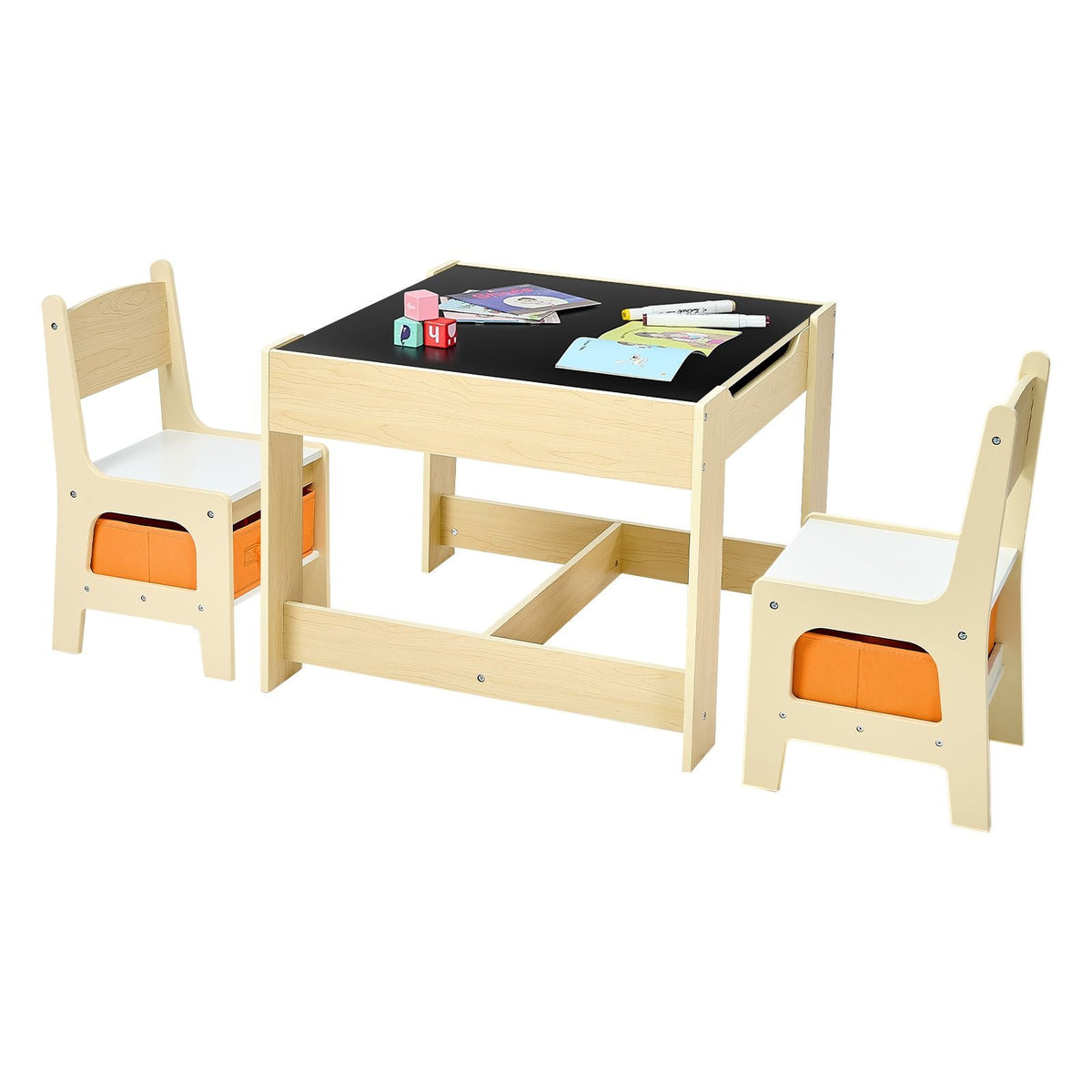 Kids Table and 2 Chairs Set, Toddler Table and Chair Set with Storage Space under the Table, Cloth Storage Box under the Chairs, Wooden Desk for Art, Craft, Reading, Learning, Drawing, Burlywood