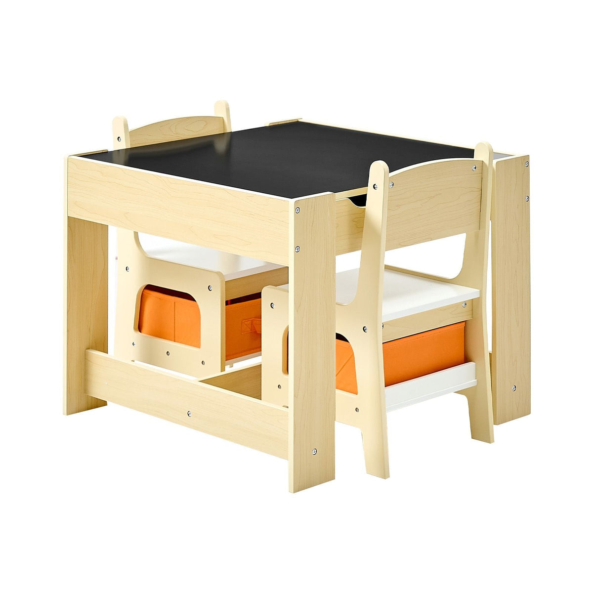 Kids Table and 2 Chairs Set, Toddler Table and Chair Set with Storage Space under the Table, Cloth Storage Box under the Chairs, Wooden Desk for Art, Craft, Reading, Learning, Drawing, Burlywood