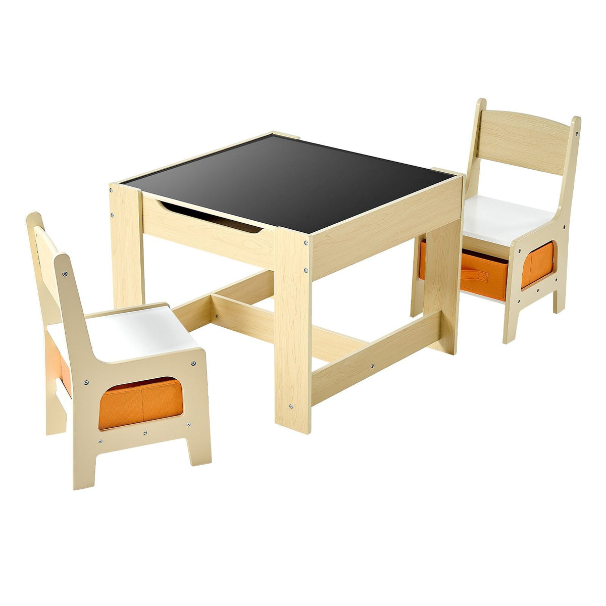 Kids Table and 2 Chairs Set, Toddler Table and Chair Set with Storage Space under the Table, Cloth Storage Box under the Chairs, Wooden Desk for Art, Craft, Reading, Learning, Drawing, Burlywood