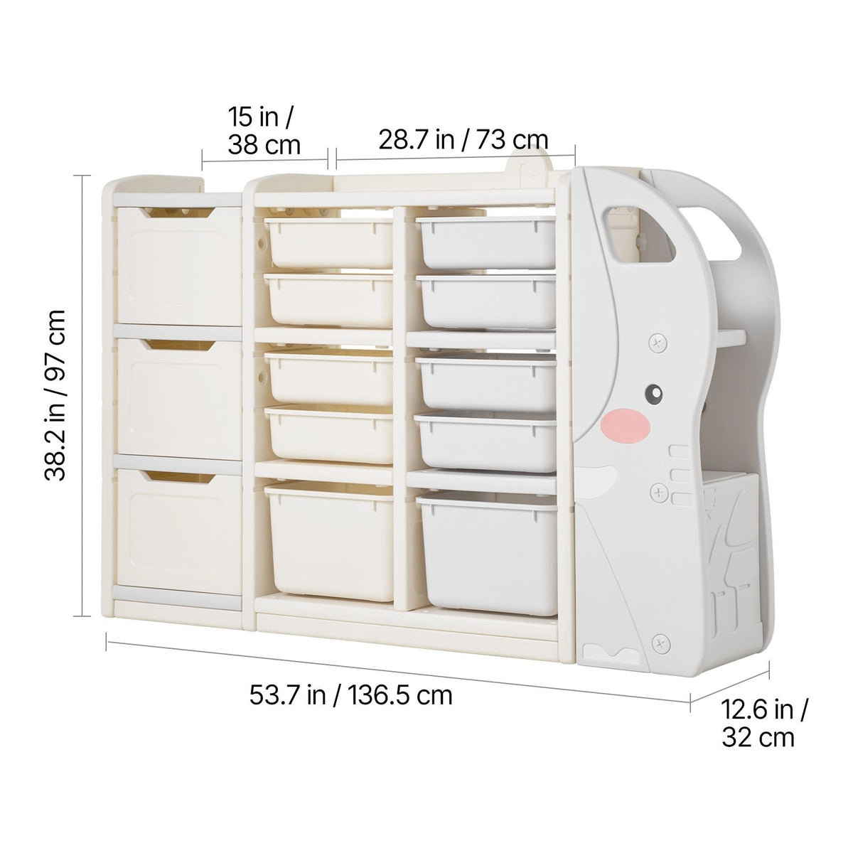Kids Toy Storage, 4-Tier Elephant-Shape Toy Storage Organizer with 10 Plastic Movable Bins, Kids Cubby Cabinet Made from HDPE for Study Room, Bedroom, Playroom, Classroom, Nursery, Gray + Beige