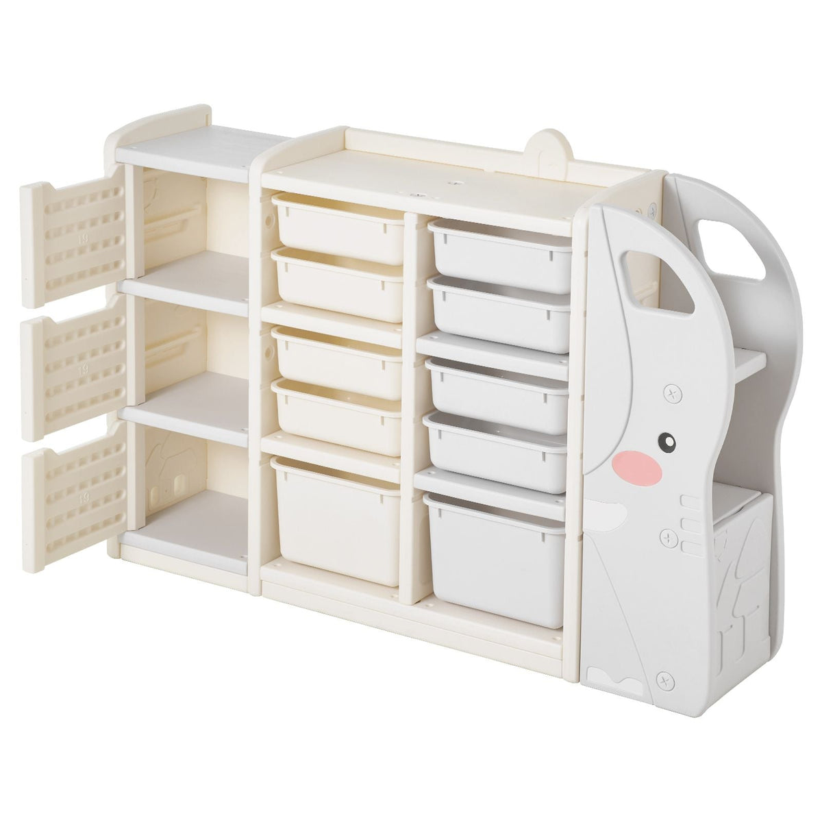 Kids Toy Storage, 4-Tier Elephant-Shape Toy Storage Organizer with 10 Plastic Movable Bins, Kids Cubby Cabinet Made from HDPE for Study Room, Bedroom, Playroom, Classroom, Nursery, Gray + Beige