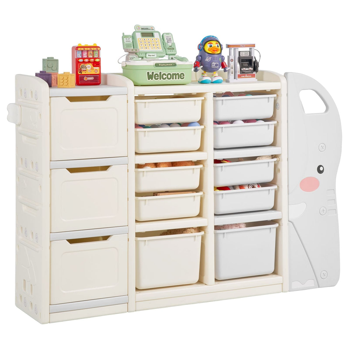 Kids Toy Storage, 4-Tier Elephant-Shape Toy Storage Organizer with 10 Plastic Movable Bins, Kids Cubby Cabinet Made from HDPE for Study Room, Bedroom, Playroom, Classroom, Nursery, Gray + Beige